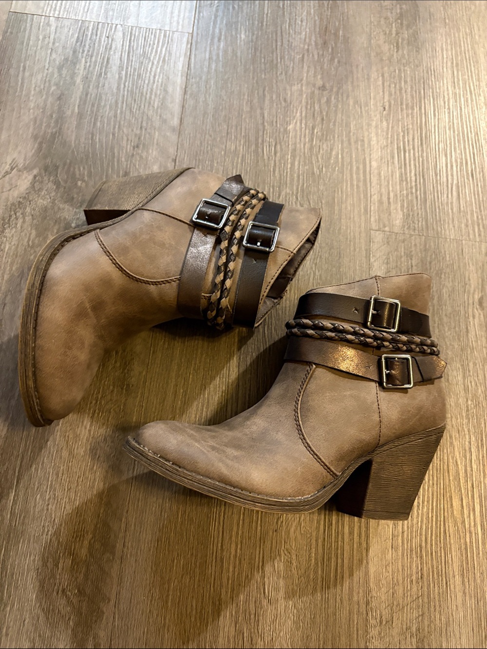 BKE Brown Braided-Strap Ankle Booties with Buckle Detail